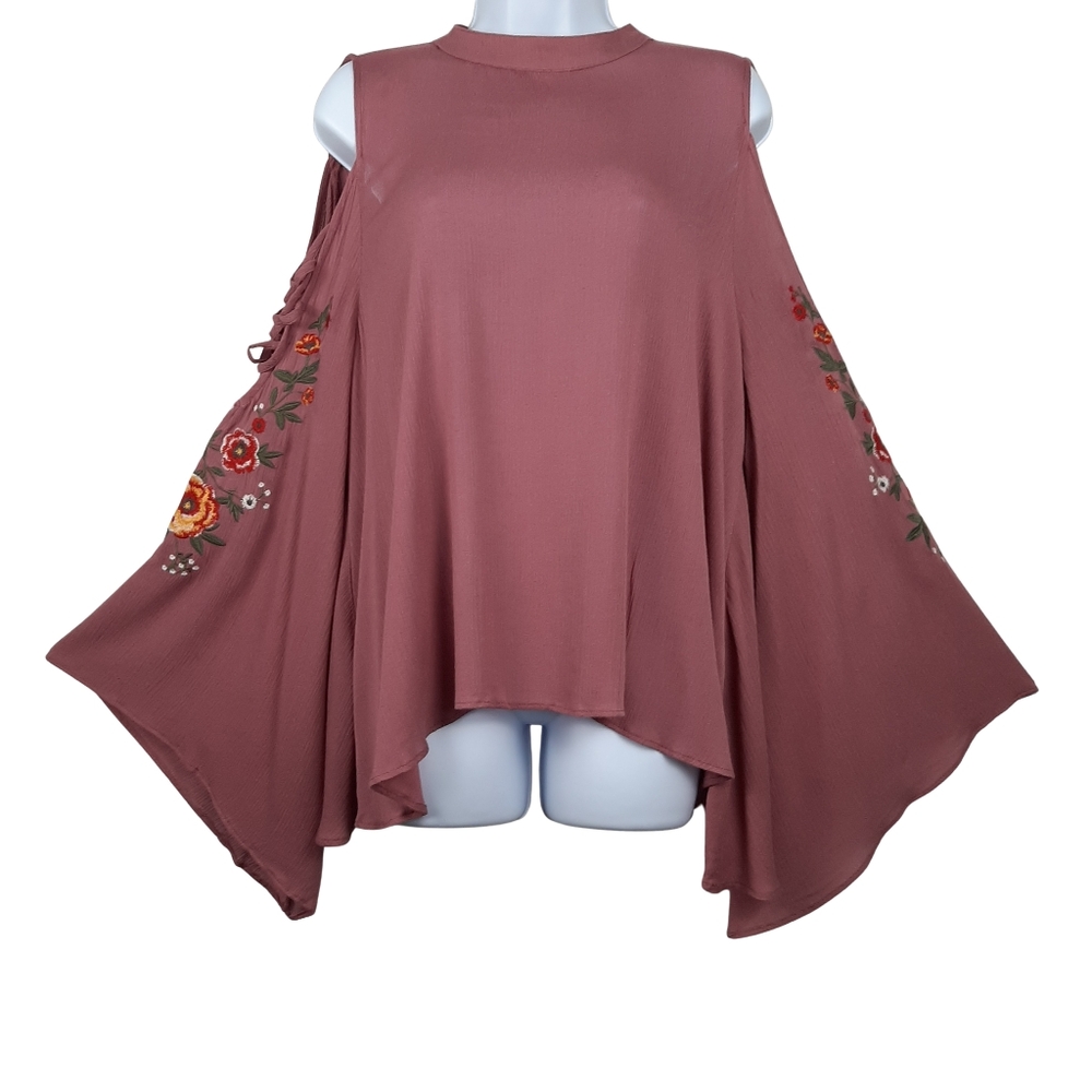 Umgee Boho Embroidered Sleeves Flowy Dusty Rose Top Size Large
